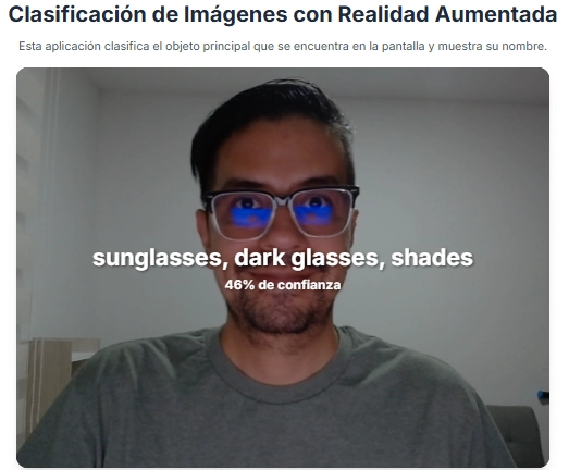 Una imagen de color blanco con texto de color negro que dice: Clasificacion de imagenes con realidad aumentada. un recuadro que muestras una camara web activa mostrando el reconocimiento de objetos en realidad aumentada