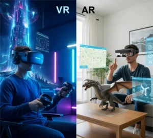 una imagen multicolor dividida entre VR y AR