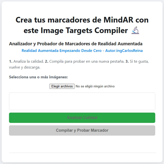 pagina web con fondo blanco y con texto que dice crea tus marcadores de MindAR con este image targets compiler