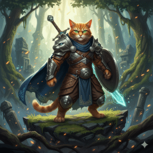 Un bosque mágico con un gato guerrero