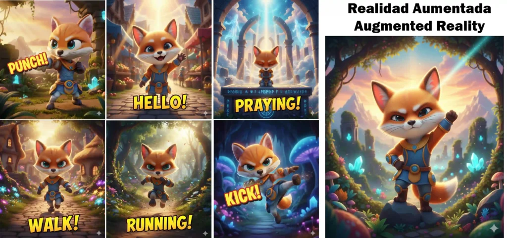 Varias imagenes de un zorro con una armadura que funciona como marcador de realidad aumentada