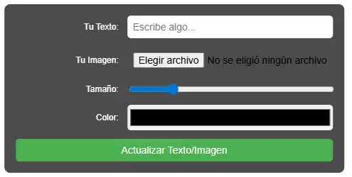 Panel de fondo negro con un campo de texto, un boton de examinar, un slider y un selector de colores. Un boton color verde para acutalizar la aplicacion de realidad aumentada en tiempo real