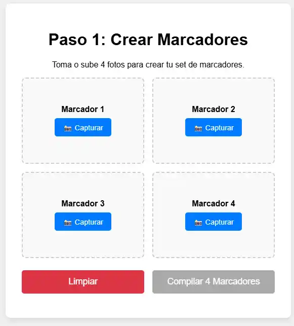 Fondo blanco y cuatro recuadros para agregar fotografias y dos botones