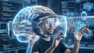 ingcarlosreina utilizando unas gafas futuristas. la imagen tiene muchos colores azules para dar la sensacion de tecnologia de punta y ciencia ficcion.