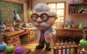 Un cientifico en su laboratorio con muchos elementos de ciencia