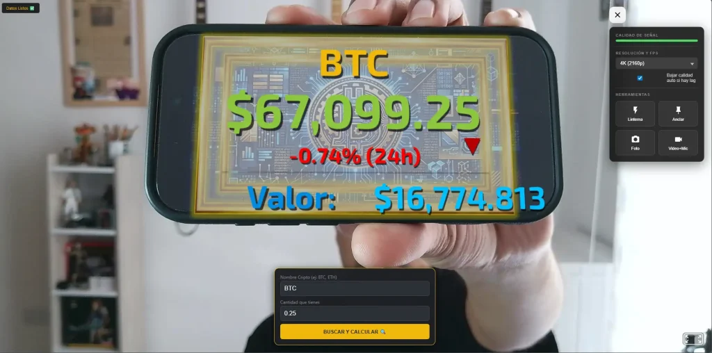 Utiliza Realidad Aumentada para visualizar el valor en tiempo real de criptomonedas.